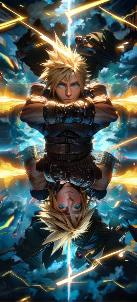 Symetrical,absurdres, highres, ultra detailed, HDR, masterpiece, extremely detailed face and eyes, Cloud Strife,final fantasy 7, yellow hair , , solo, man, handsome, ,, , cool pose, yellow lightning effect, glowing glitters, symetrical , full body view