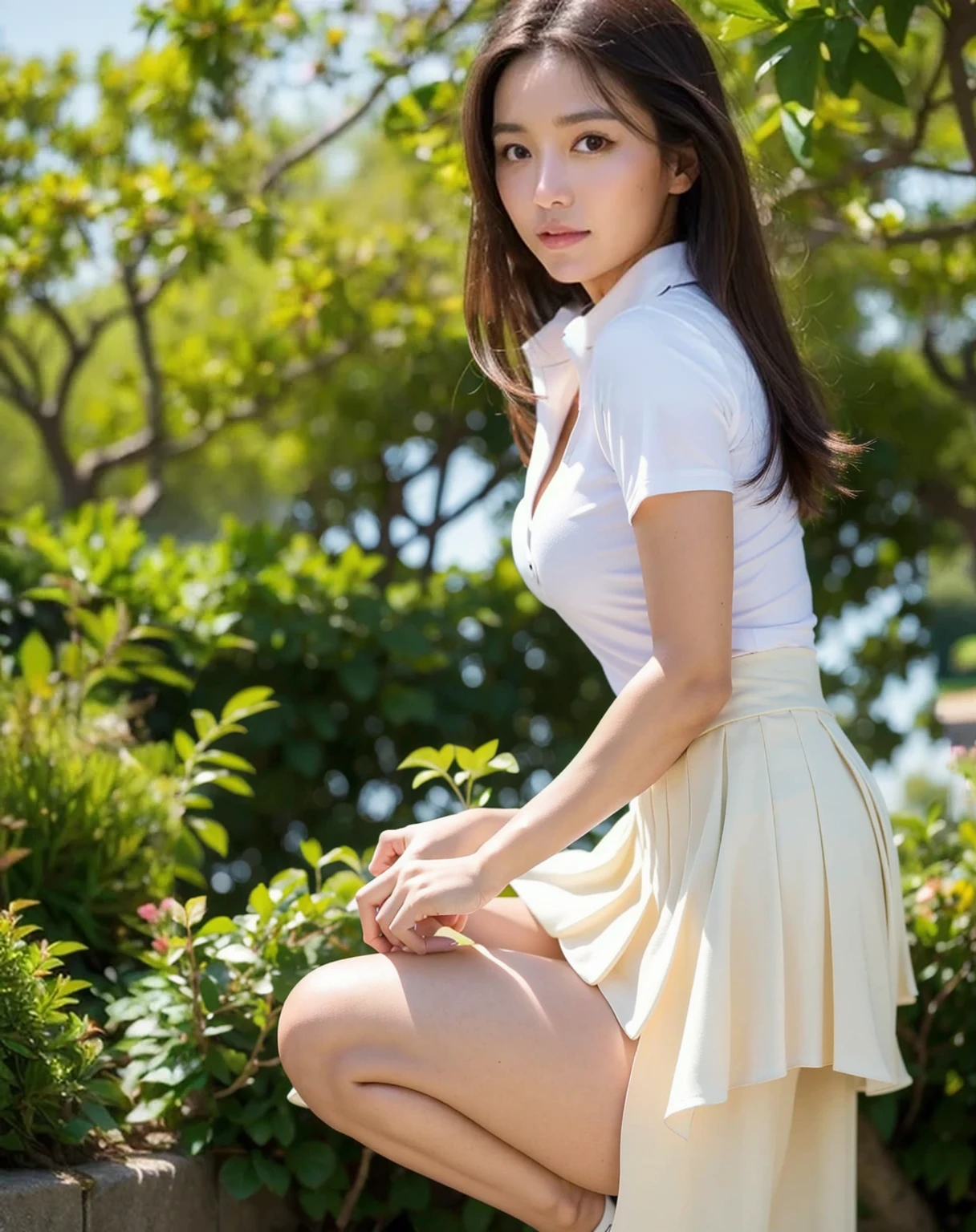 best quality, face focus, soft light, (realistic:1.4), raw photo, surreal, very natural, very detailed, in detail, highest resolution, 8K wallpapers, Complete dynamic configuration, beautiful detailed eyes, natural lip, sexy golf clothes , Tight collar, short pleated skirt, big bust, split, random sexy poses, whole body, natural makeup, A little cleavage, smile, Natural gaze, sun visor, 1 woman, female professional golf player, slightly tanned skin tone, Natural gaze, Pro Hyeonju Yoo