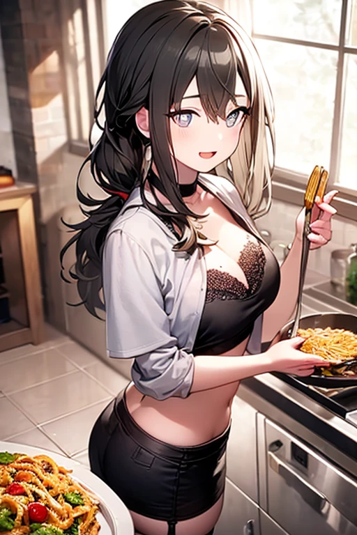 (dynamic angle:1.3, front view:1.1, breast focus:1.3, from above:1.1), (dynamic posing:1.2, sexy posing:1.2), (seductive smiling:1.3), ((holding Pasta on a plate,Taking the pasta out of the pan, worried about the outcome:1.2)),highest quality、(real、photorealistic:1.4),(ultra high resolution, 8K RAW photo, clear focus), best qualtiy, natural lighting, field depth, (Bright pupils, detailed beautiful eyes, high detailed face), Red lip, (tight focus:1.2), a girl 22yo old, Wearing a pastry chef uniform:1.3 , Thicc, thin breast, long hair, blue eyes,garter stocking, cleavage:1.2, midriff, black shorts, black thighhighs, thigh strap, pretty girl, (highly detailed beautiful face and eyes,firm breasts),real skin,((black,hair,long pony tail hair)),thin pubic hair,cute,lovely, detailed eyes,(double breasted:1.0,under bust:1.0),(with sparkling eyes and a contagious smile),open mouth, Looking at Viewer,A scene of make cooking Carbonara Pasta  in the kitchen
