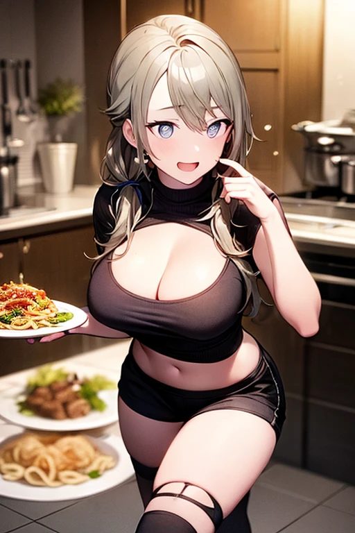 (dynamic angle:1.3, front view:1.1, breast focus:1.3, from above:1.1), (dynamic posing:1.2, sexy posing:1.2), (seductive smiling:1.3), ((holding Pasta on a plate,Taking the pasta out of the pan, worried about the outcome:1.2)),highest quality、(real、photorealistic:1.4),(ultra high resolution, 8K RAW photo, clear focus), best qualtiy, natural lighting, field depth, (Bright pupils, detailed beautiful eyes, high detailed face), Red lip, (tight focus:1.2), a girl 22yo old, Wearing a pastry chef uniform:1.3 , Thicc, thin breast, long hair, blue eyes,garter stocking, cleavage:1.2, midriff, black shorts, black thighhighs, thigh strap, pretty girl, (highly detailed beautiful face and eyes,firm breasts),real skin,((black,hair,long pony tail hair)),thin pubic hair,cute,lovely, detailed eyes,(double breasted:1.0,under bust:1.0),(with sparkling eyes and a contagious smile),open mouth, Looking at Viewer,A scene of make cooking Carbonara Pasta in the kitchen