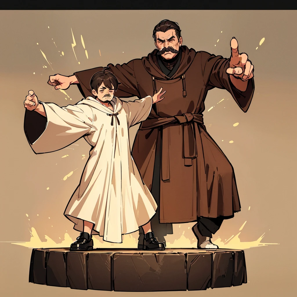 ((((Full body character concept))))、Highest quality, Best Quality,Best illustrationiddle ages、(((Simple brown robe)))、(40-year-old uncle、Kaiser moustache)、(Close your eyes、get annoyed)、Fighting stance、Movement angle、(Black leather shoes)