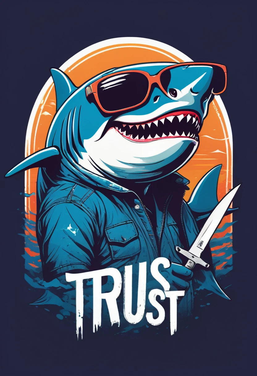 creative logo ilustration of a funny shark with cool sunglasses holding a froke and a knife, digital art style featuring the word ( TRUST ME )by dan mumford, marcsimonetti, frank frazetta, sketch, high definition, negative space, logo style, T-shirt design