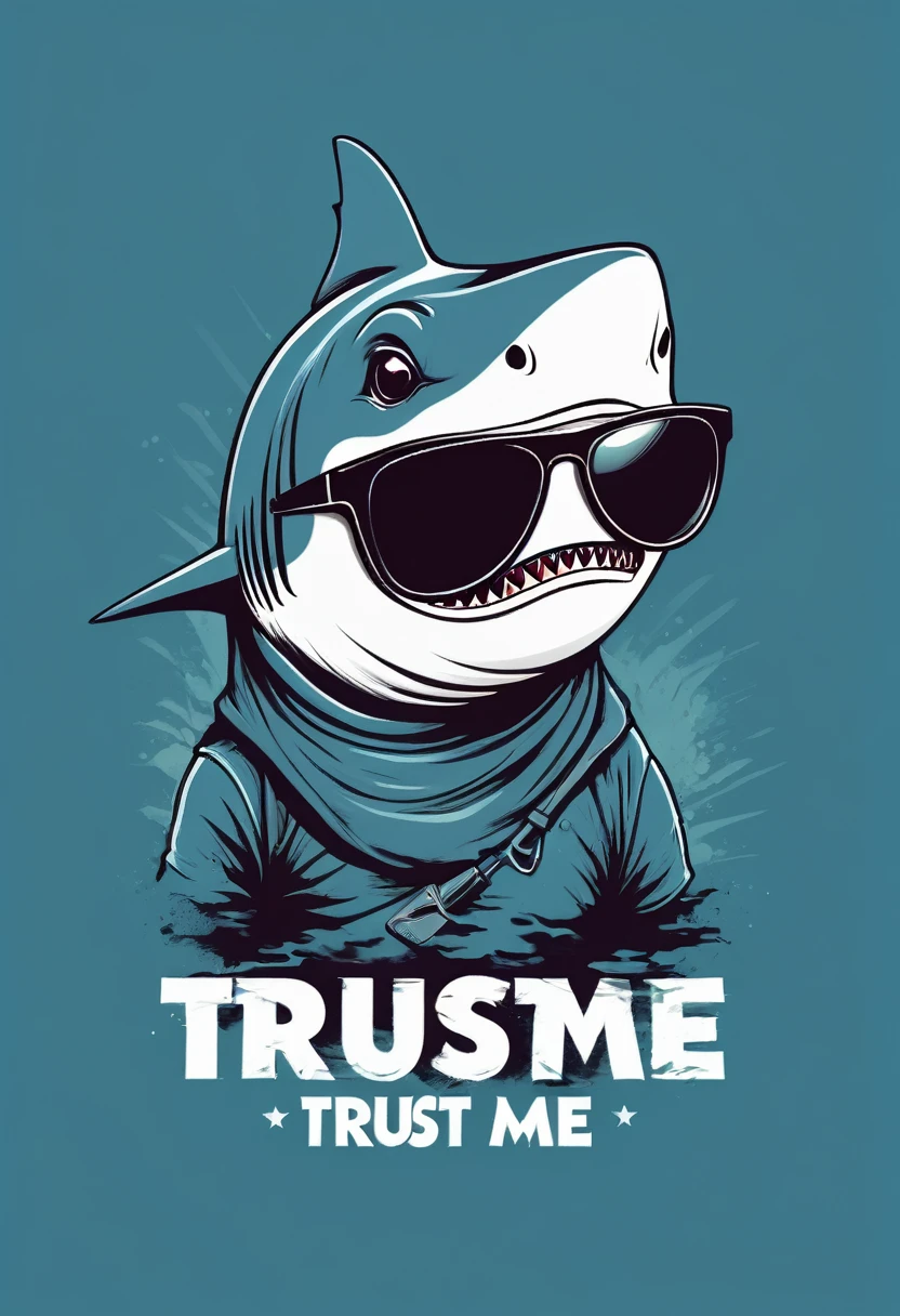creative logo ilustration of a funny shark with cool sunglasses holding a froke and a knife, digital art style featuring the word ( TRUST ME )by dan mumford, marcsimonetti, frank frazetta, sketch, high definition, negative space, logo style, T-shirt design