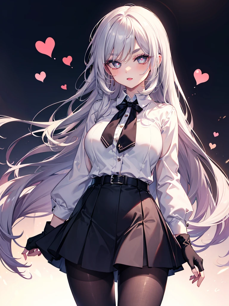 mature_female,silver hair,lipstick,eyeshadow,long_eyelashes,thick eyebrows,ahegao,jitome,heart-shaped_pupils,black_pantyhose,fingerless_gloves,,long hair,shirt，Short skirt