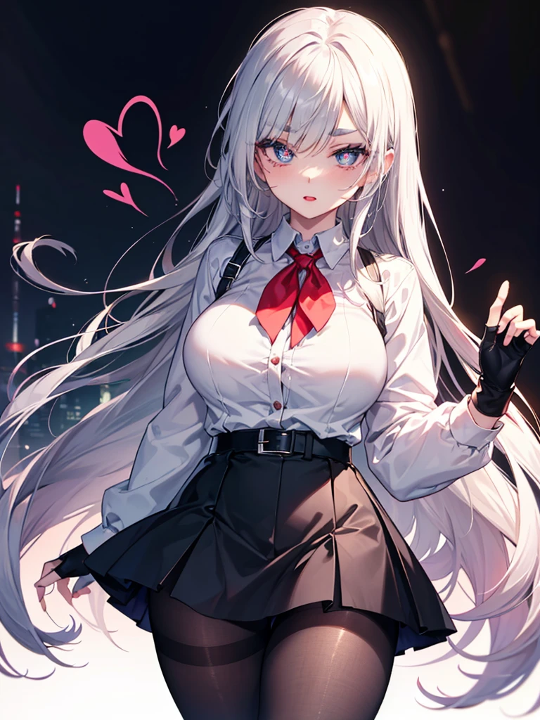 mature_female,silver hair,lipstick,eyeshadow,long_eyelashes,thick eyebrows,ahegao,jitome,heart-shaped_pupils,black_pantyhose,fingerless_gloves,,long hair,shirt,Short skirt