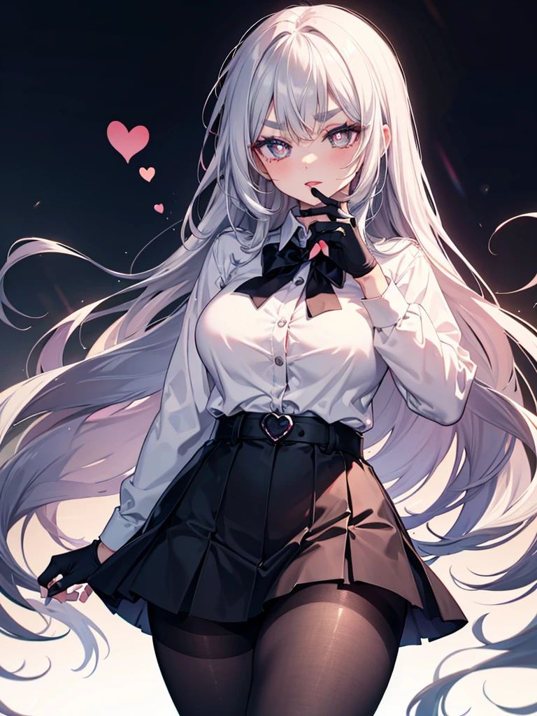 mature_female,silver hair,lipstick,eyeshadow,long_eyelashes,thick eyebrows,ahegao,jitome,heart-shaped_pupils,black_pantyhose,fingerless_gloves,,long hair,shirt,Short skirt