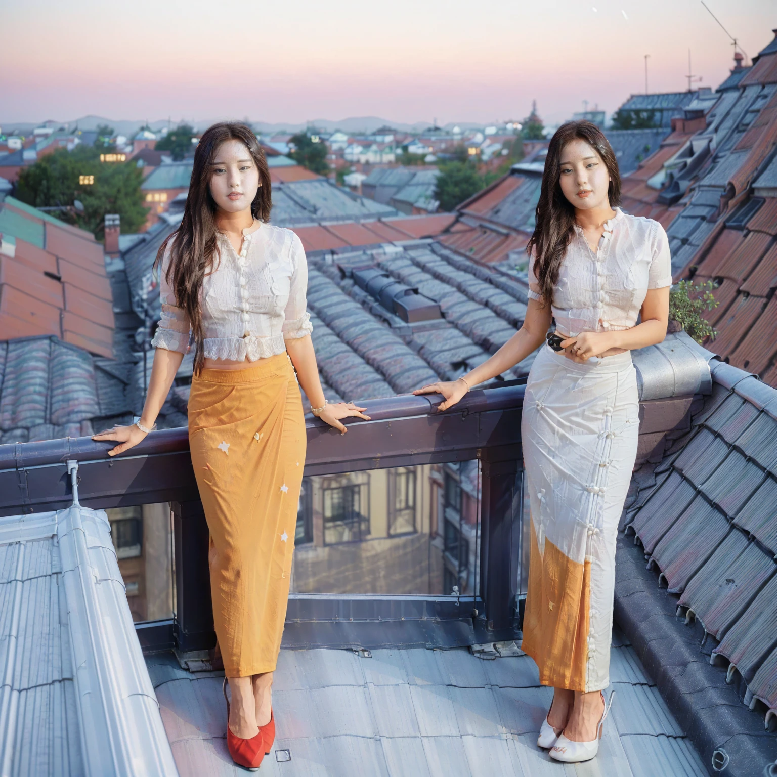 Burmese beautiful woman, 1 girl, solo, ((((pretty lady MoonLay)))), cute smile, red lips, (standing and seductivel lean against the balcony handrail pose:1.5), (looking to the sky:1.5), (night with starry sky:1.6), smooth face skin, traditional beauty, cinematic portrait glow lighting, traditional dress, ((in a white shirt and red skirt:1.5), high heel, (full body view:2), (two story building rooftop balcony with vibrant colorful small townscape background:1.5), (cinematic bokeh deep blur background:1.5), (cinematic enhance HDR portrait glow lighting))), perfect anatomy, cannon mark v, DSLR quality, cinematic lighting, perfect anatomy, perfect face, perfect dress, perfect shin and calf, perfect hands, realistic hands, detailed hands, perfect toes, realistic toes, detailed toes,