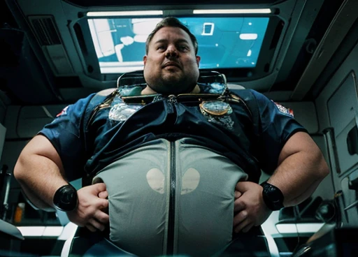 The captain of the astronauts is a plump, chubby man, extremely thick thighs, a large belly, fat. Passing inside the spaceship laboratory , he checks an analysis under the microscope.