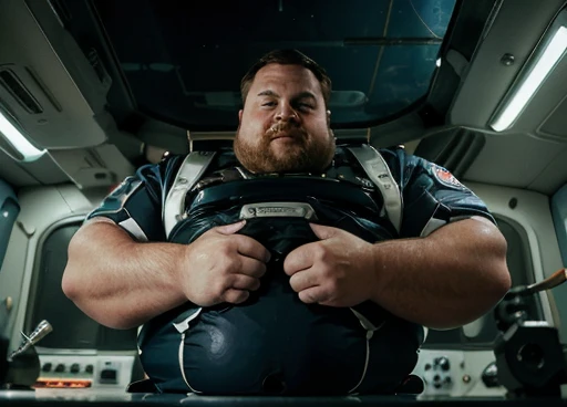 The captain of the astronauts is a plump, chubby man, extremely thick thighs, a large belly, fat. Passing inside the spaceship laboratory , he checks an analysis under the microscope. His arms are holding digital analysis devices. He wears a spacesuit. A humanoid creature similar to a lizard and fish talks to the astronaut.