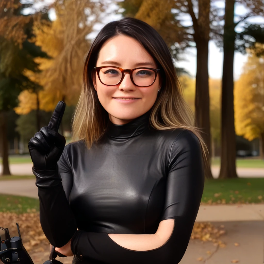 a beautiful picture of jeannieMXR ,detailed skin texture,masterpiece, photorealistic, woman, glasses, RAW color photo,(fully in frame:1.1), (blush:0.5), (goosebumps:0.5), smiling, outdoors,park,wearing a black leather dress with gloves