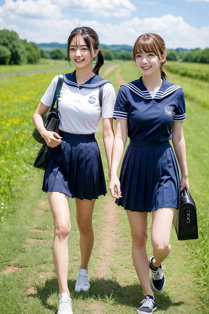 2 girls walking in rural field,train on railway,cumulonimbus cloud in summer blue sky,white sailor shirt,navy blue pleated skirt,student bag,18-year-old,bangs,a little smile,thighs,knees,wet short hair with low pigtails bunches,from beside,front light