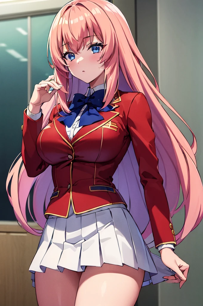 (masterpiece, best quality:1.5), (ultra detailed:1.4), super fine illustration, perfect anatomy, 8k portrait, official art, anime screencap, 
1girl,
Ichinose honami, 
Ichinose honami \(youjitsu\),
long hair, 
pink hair, 
blue eyes, 
blue bow, 
large breasts, 
, red jacket, long sleeves, white skirt, pleated skirt, black calf socks, 
looking at viewer, 
cowboy shot, 
perfect light, 