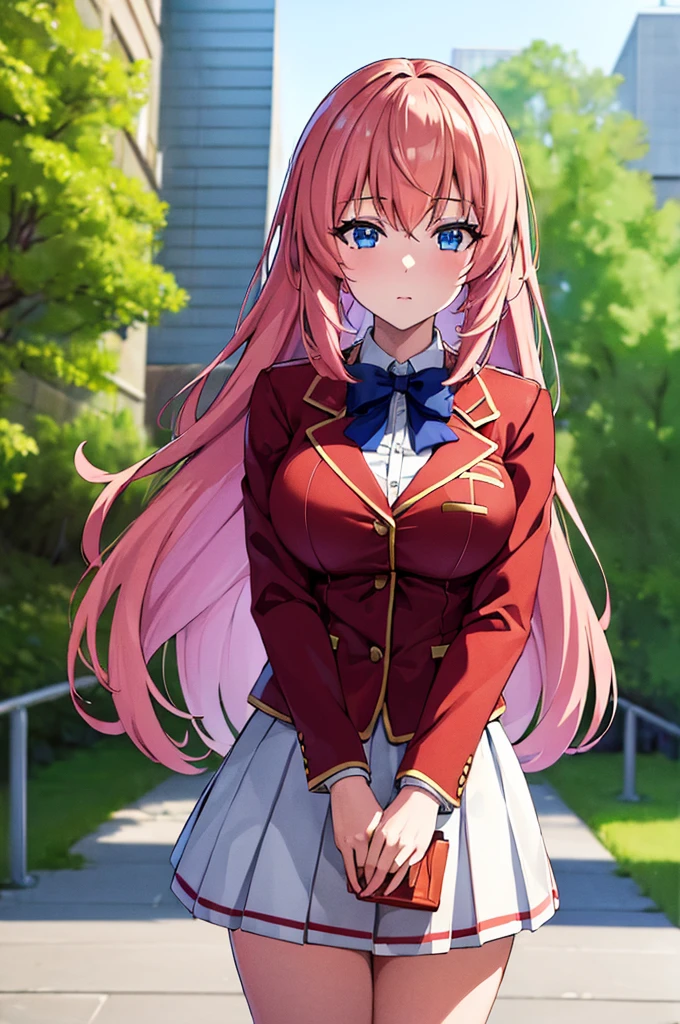 (masterpiece, best quality:1.5), (ultra detailed:1.4), super fine illustration, perfect anatomy, 8k portrait, official art, anime screencap, 
1girl,
Ichinose honami, 
Ichinose honami \(youjitsu\),
long hair, 
pink hair, 
blue eyes, 
blue bow, 
large breasts, 
, red jacket, long sleeves, white skirt, pleated skirt, black calf socks, 
looking at viewer, 
cowboy shot, 
perfect light, 