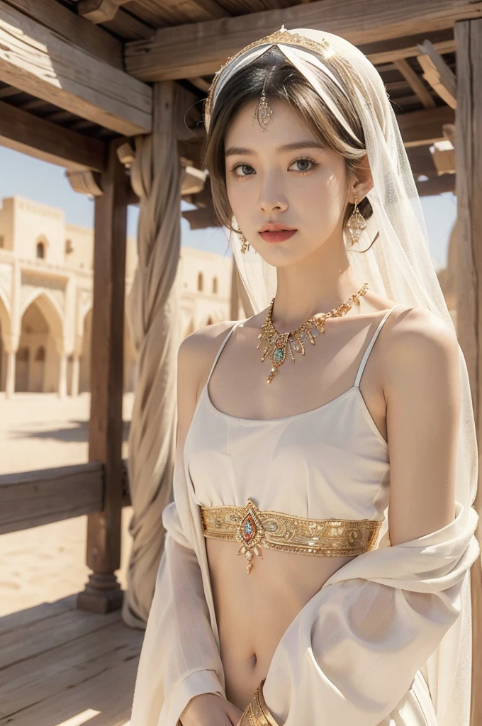 (((best quality))),(((ultra detailed))),(((masterpiece))),illustration,1girl, solo,princess, Arabic,slim,thin, ((palace, desert)),gold, gemstones,headscarf, veil on face,white sheer traditional clothing, hairband, deep eyes, elegant face, subtle smile,earrings,necklace,navel,thighs,sunlight, shining, serene, environment,day scene,out door,standing,((upper body,from front)),((small breasts,flat chest,arms behind back))

