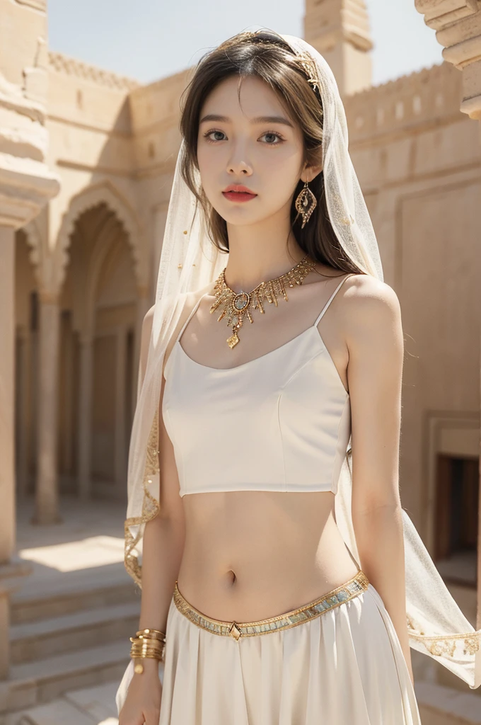 (((best quality))),(((ultra detailed))),(((masterpiece))),illustration,1girl, solo,princess, Arabic,slim,thin, ((palace, desert)),gold, gemstones,headscarf, veil on face,white sheer traditional clothing, hairband, deep eyes, elegant face, subtle smile,earrings,necklace,navel,thighs,sunlight, shining, serene, environment,day scene,out door,standing,((upper body,from front)),((small breasts,flat chest,arms behind back))
