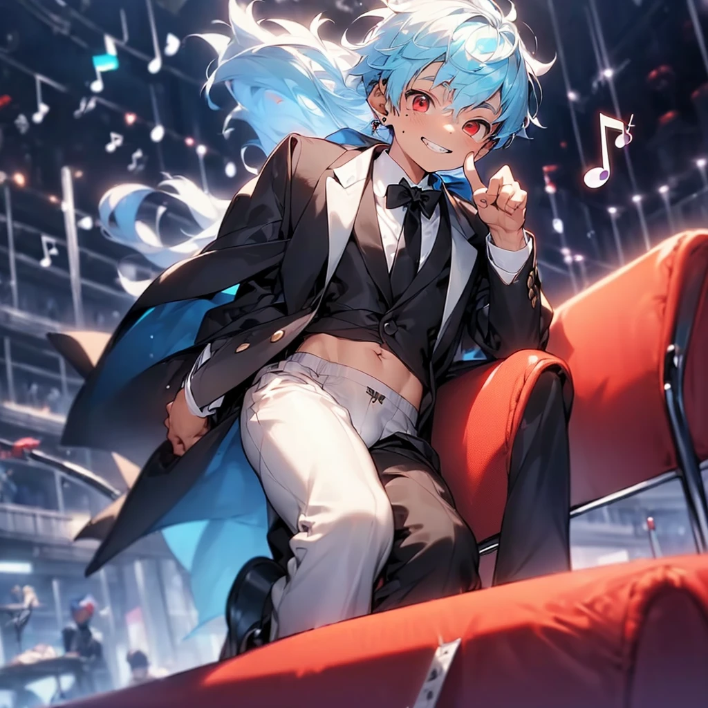(solo:2.5), (boldline:-1.7), (put index finger on mouth:1.5), (floating musical notes:1.7), (sitting on red chair:1.5), (((fang))), (((best finger))), BREAK (best quality:1.5), (absolutely resolution:1.5), (ultra detailed:1.5), (masterpiece:1.5), (perfect face), (detailed face), (detailed eyes:1.3), (best eyes), (cute face), (shota:2), BREAK (tuxedo:1.5), (bulge:1.6), (skinny:1.3), BREAK (light blue hair:1.5), (spiked hair), (wine red eyes:1.4), (eyes with highlight:1.6), ((mole under eye)), (sweaty skin), (grin:1.5), ((earrings)), (shiny skin:1.3), BREAK (concert hall:1.5), (spot light:1.3), (at concert), (many people), ((wind blowing)), frow below, (upper body),