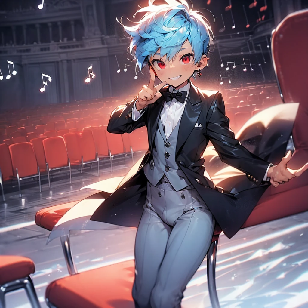 (solo:2.5), (boldline:-1.7), (put index finger on mouth:1.5), (floating musical notes:1.7), (sitting on red chair:1.5), (((fang))), (((best finger))), BREAK (best quality:1.5), (absolutely resolution:1.5), (ultra detailed:1.5), (masterpiece:1.5), (perfect face), (detailed face), (detailed eyes:1.3), (best eyes), (cute face), (shota:2), BREAK (tuxedo:1.5), (bulge:1.6), (skinny:1.3), BREAK (light blue hair:1.5), (spiked hair), (wine red eyes:1.4), (eyes with highlight:1.6), ((mole under eye)), (sweaty skin), (grin:1.5), ((earrings)), (shiny skin:1.3), BREAK (concert hall:1.5), (spot light:1.3), (at concert), (many people), ((wind blowing)), frow below, (upper body),
