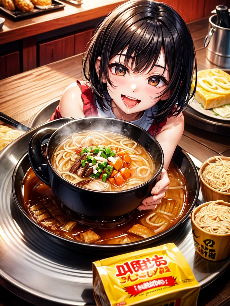 Highest Resolution,Highest quality,Smiling while looking at the ramen,Girl with open mouth and saliva dripping,Black short hair,up,