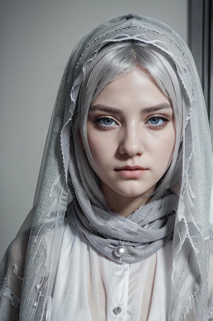Veil on head, gray veil, white hair, gray white, Guvez art style, arrogant and indifferent girl, half-squinted, white eyeballs, white eyes, national style, gray-white
