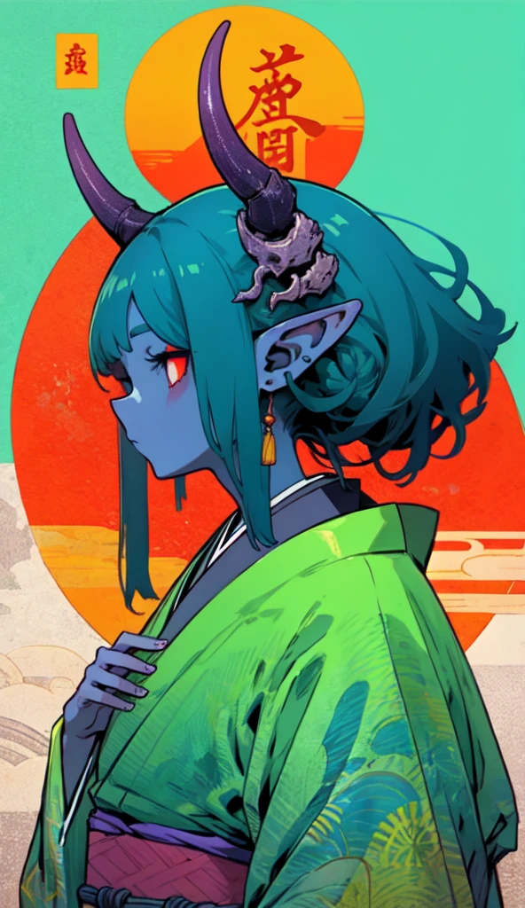 oniNFT, solo, 1girl, horns, female focus, colored skin, japanese clothes, colored sclera, pointy ears, blue skin, kimono, upper body, from side, profile  