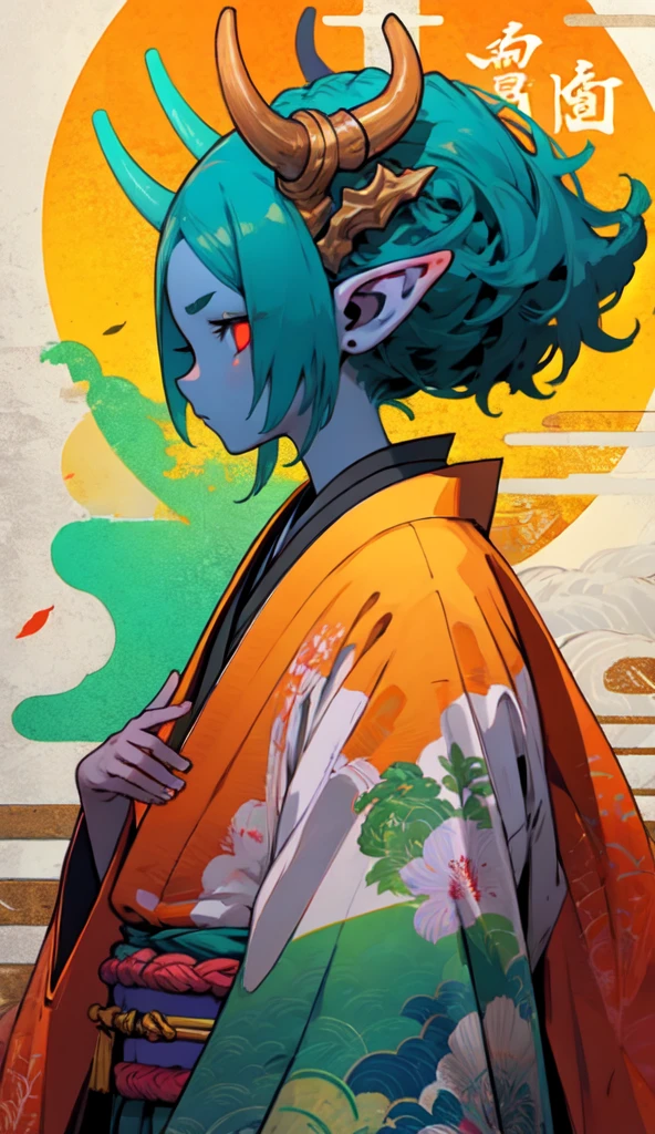 oniNFT, solo, 1girl, horns, female focus, colored skin, japanese clothes, colored sclera, pointy ears, blue skin, kimono, upper body, from side, profile  