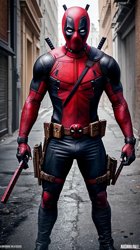 An idealized image of Deadpool that captures the essence of the character in an iconic and aesthetically stunning manner. Deadpool is portrayed in a dynamic and imposing pose, with every detail of his attire, weapons, and facial expression carefully crafted to convey his unique personality. Vivid and vibrant colors stand out against a backdrop that evokes a sense of controlled chaos, with brutal and urban elements that complement the nature of the anti-hero. The overall composition is elegant and powerful, capturing the perfect balance between the brutality and sophistication that defines Deadpool.