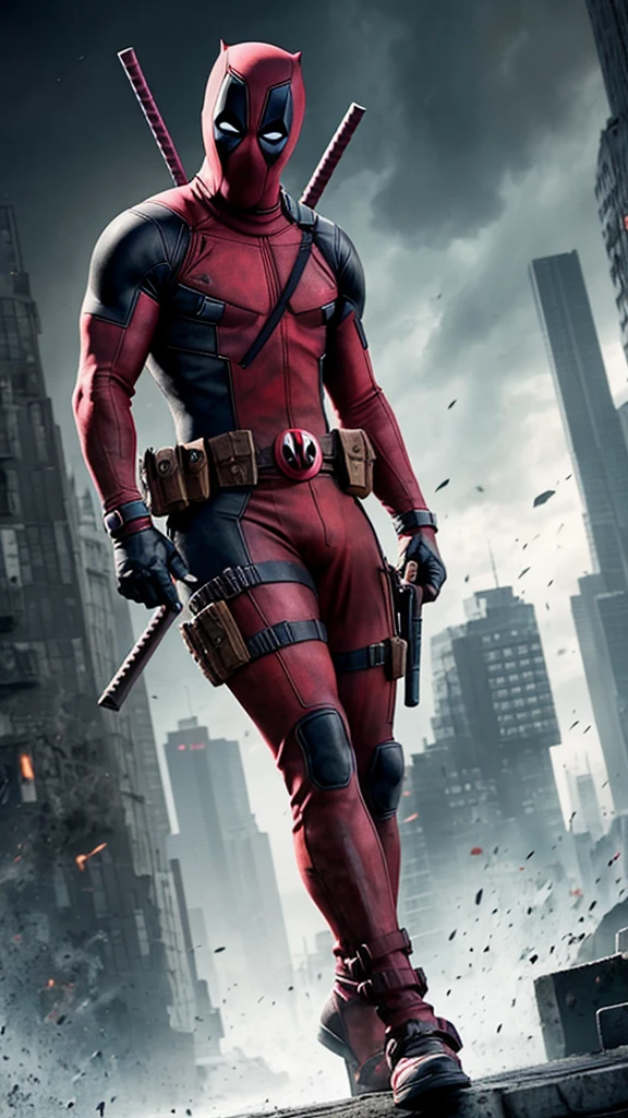 An idealized image of Deadpool that captures the essence of the character in an iconic and aesthetically stunning manner. Deadpool is portrayed in a dynamic and imposing pose, with every detail of his attire, weapons, and facial expression carefully crafted to convey his unique personality. Vivid and vibrant colors stand out against a backdrop that evokes a sense of controlled chaos, with brutal and urban elements that complement the nature of the anti-hero. The overall composition is elegant and powerful, capturing the perfect balance between the brutality and sophistication that defines Deadpool.