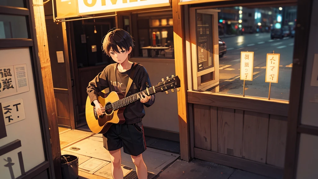 Time is midnight。３０Within walking distance、A boy of about 15 years old is playing an acoustic guitar by himself with a lonely look on his face.。