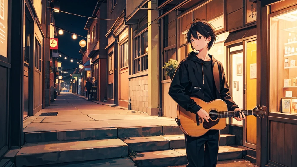 Time is midnight。30Within walking distance、A boy of about 15 years old is playing an acoustic guitar by himself with a lonely look on his face.。