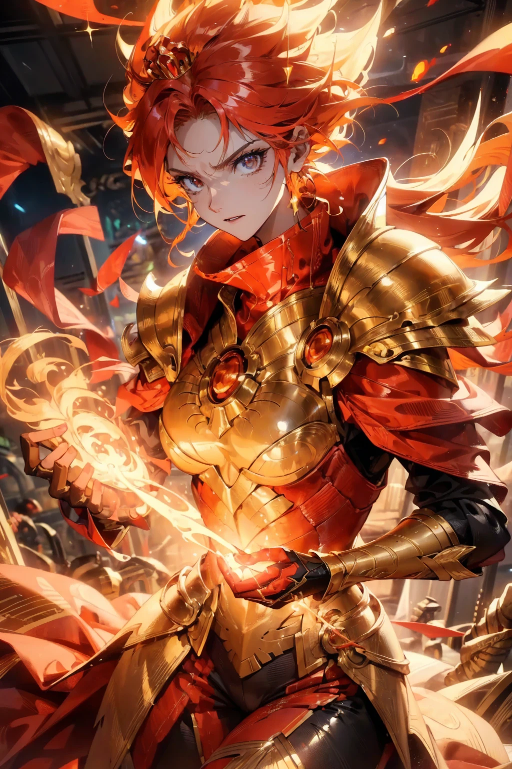 Flame Prince,illustration,Flaming hair,Flaming beard,Royal golden crown,Magic Gold Armor,Majestic,Strong gaze,Sparks Fly,Smoke and flames around,Confident and powerful,Practical,high resolution,Physically Based Rendering,Bright colors,Warm colors,Dramatic Lighting