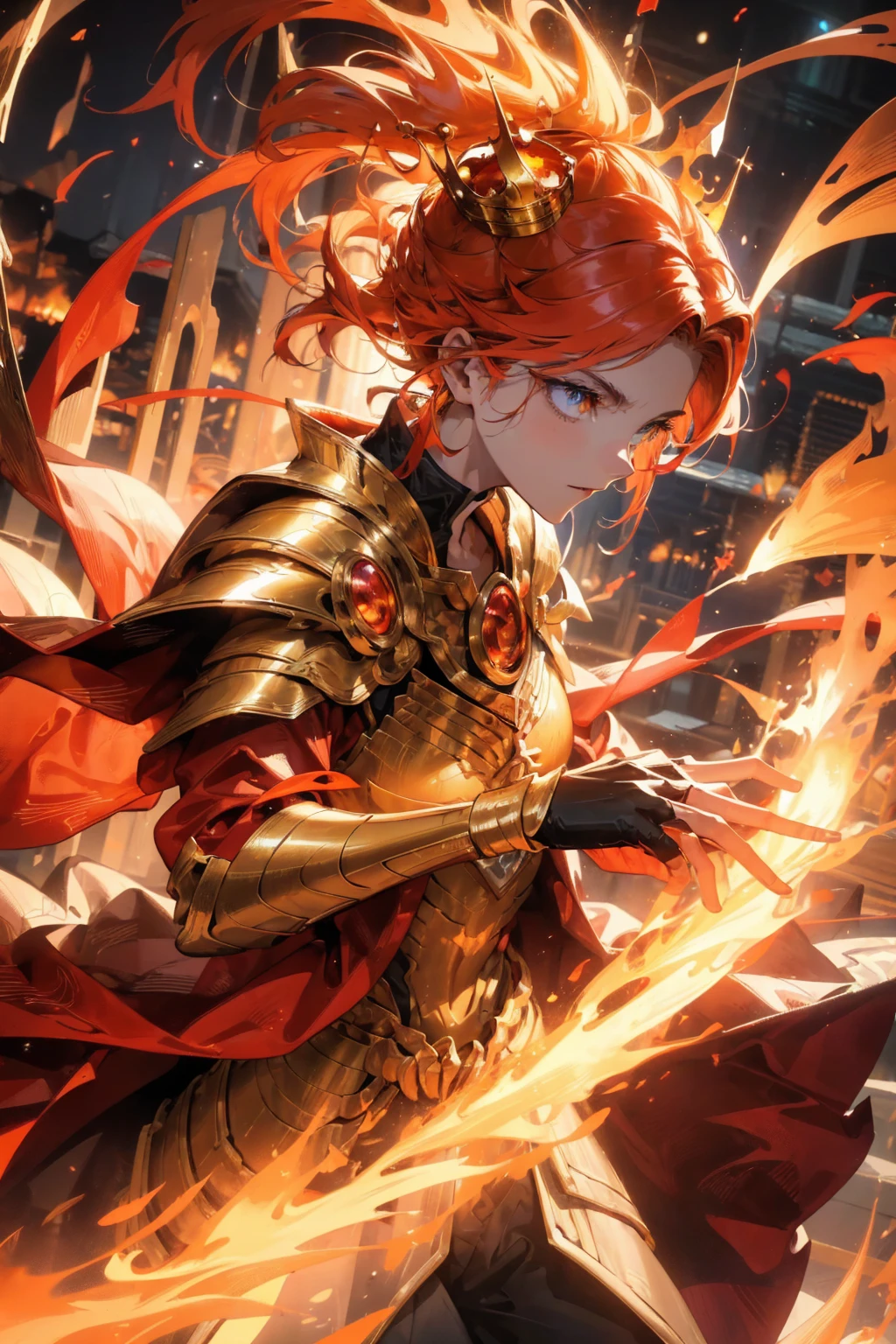 Flame Prince,illustration,Flaming hair,Flaming beard,Royal golden crown,Magic Gold Armor,Majestic,Strong gaze,Sparks Fly,Smoke and flames around,Confident and powerful,Practical,high resolution,Physically Based Rendering,Bright colors,Warm colors,Dramatic Lighting