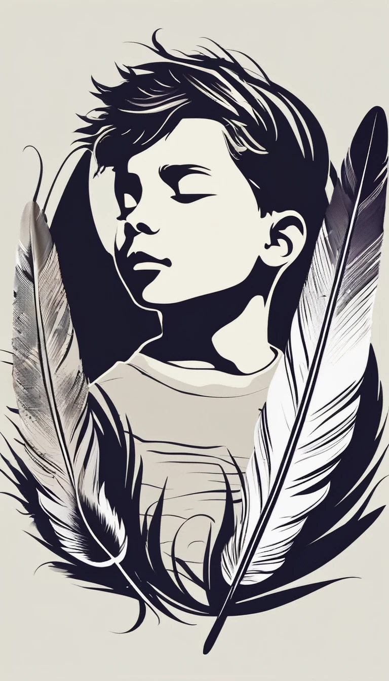 A minimalist, fantastic, poetic, dreamy, captivating, memorable, masterpiece, modern, simple logo design of a boy and a feather for the brand “Penamemoria". The logo must convey a sense of music, stories and dreams. Minimalistic logo design of a boy and a feather.