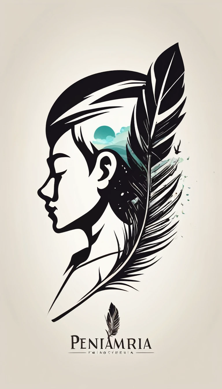 A minimalist, fantastic, poetic, dreamy, captivating, memorable, masterpiece, modern, simple logo design of a boy and a feather for the brand “Penamemoria". The logo must convey a sense of music, stories and dreams. Minimalistic logo design of a boy and a feather.