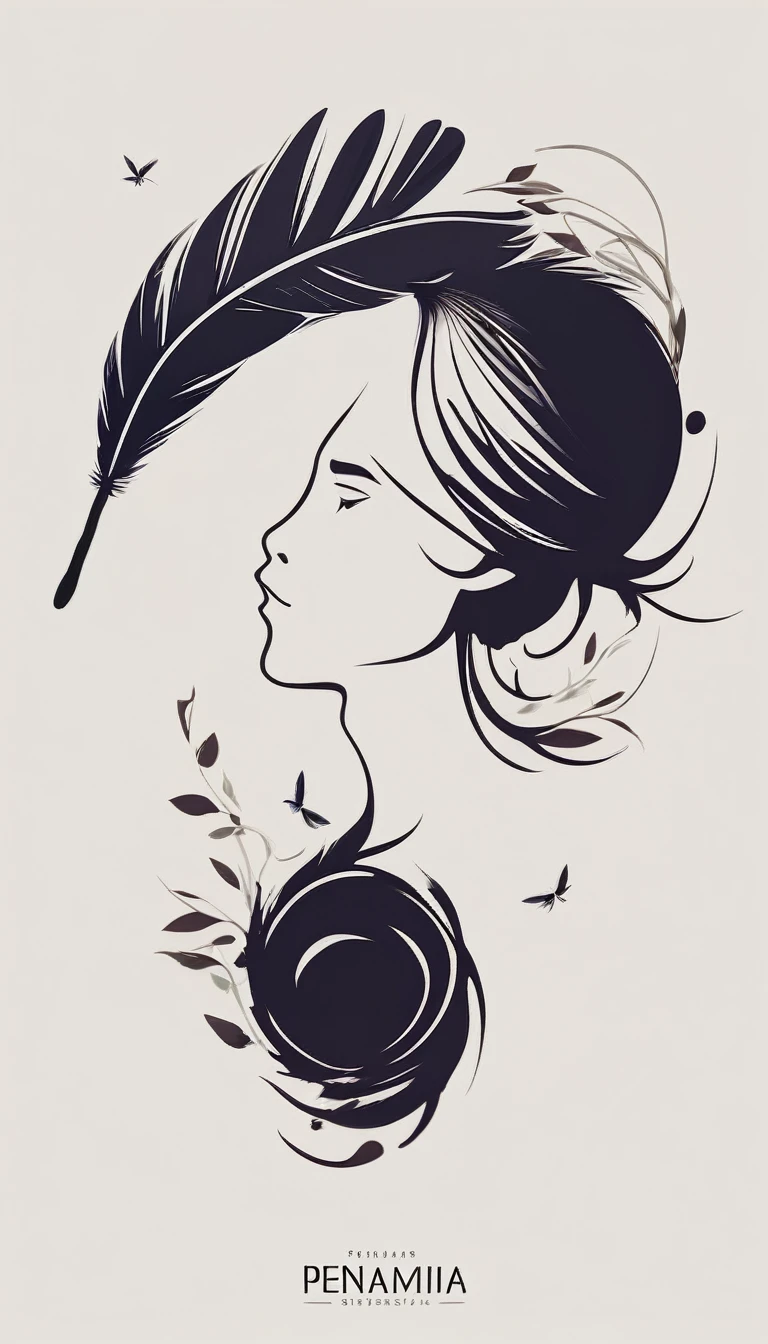 A minimalist, fantastic, poetic, dreamy, captivating, memorable, masterpiece, modern, simple logo design of a boy and a feather for the brand “Penamemoria". The logo must convey a sense of music, stories and dreams. Minimalistic logo design of a boy and a feather.