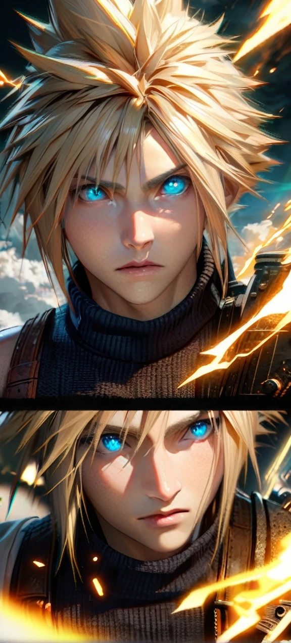 Symetrical,absurdres, highres, ultra detailed, HDR, masterpiece, extremely detailed face and eyes, Cloud Strife,final fantasy 7, yellow hair , , solo, man, handsome, ,blue eyes, , Epic fight scene, yellow lightning effect, glowing glitters, symetrical , close up