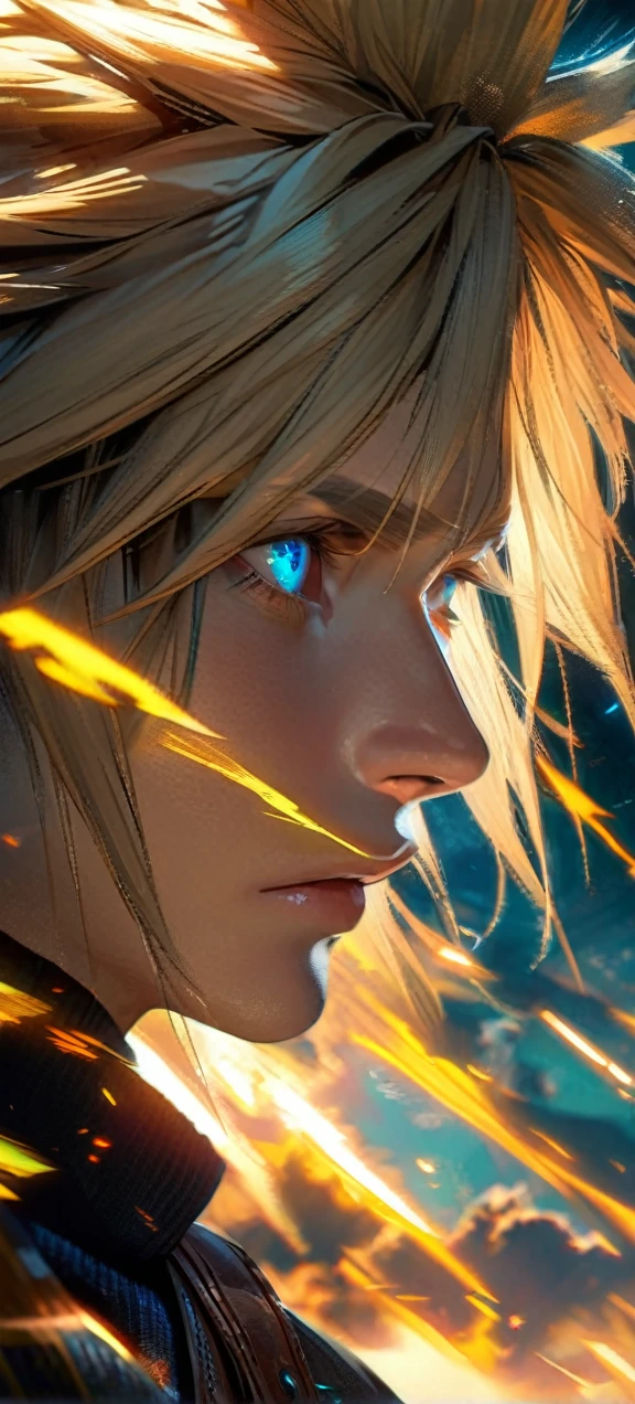 Symetrical,absurdres, highres, ultra detailed, HDR, masterpiece, extremely detailed face and eyes, Cloud Strife,final fantasy 7, yellow hair , , solo, man, handsome, ,blue eyes, , Epic fight scene, yellow lightning effect, glowing glitters, symetrical , close up