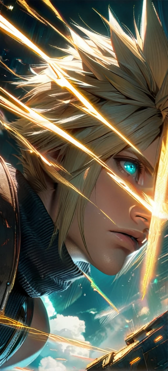 Symetrical,absurdres, highres, ultra detailed, HDR, masterpiece, extremely detailed face and eyes, Cloud Strife,final fantasy 7, yellow hair , , solo, man, handsome, ,blue eyes, , Epic fight scene, yellow lightning effect, glowing glitters, symetrical , close up