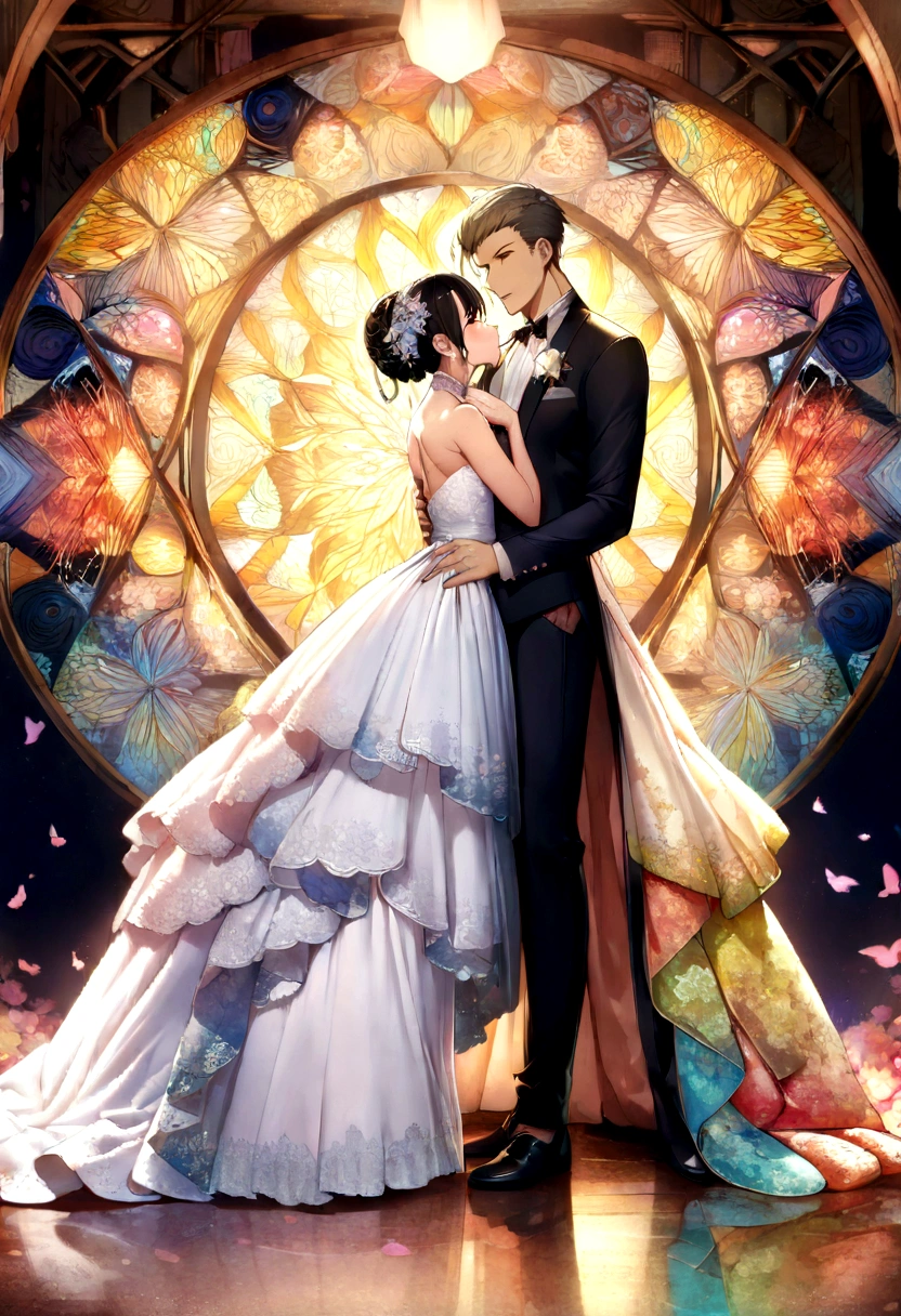 (masterpiece, top quality, top quality, official art, beautiful and aesthetic:1.2), (1 black-haired girl and 1 blonde-haired guy:1.3), highly detailed,(fractal art:1.2), colorful, highest detail,(zentangle :1.2), (pose :man holding girl's chin) , (wedding background:1.5), (wedding outfit:1.2), (glowing skin), (many colors:1.4), full body