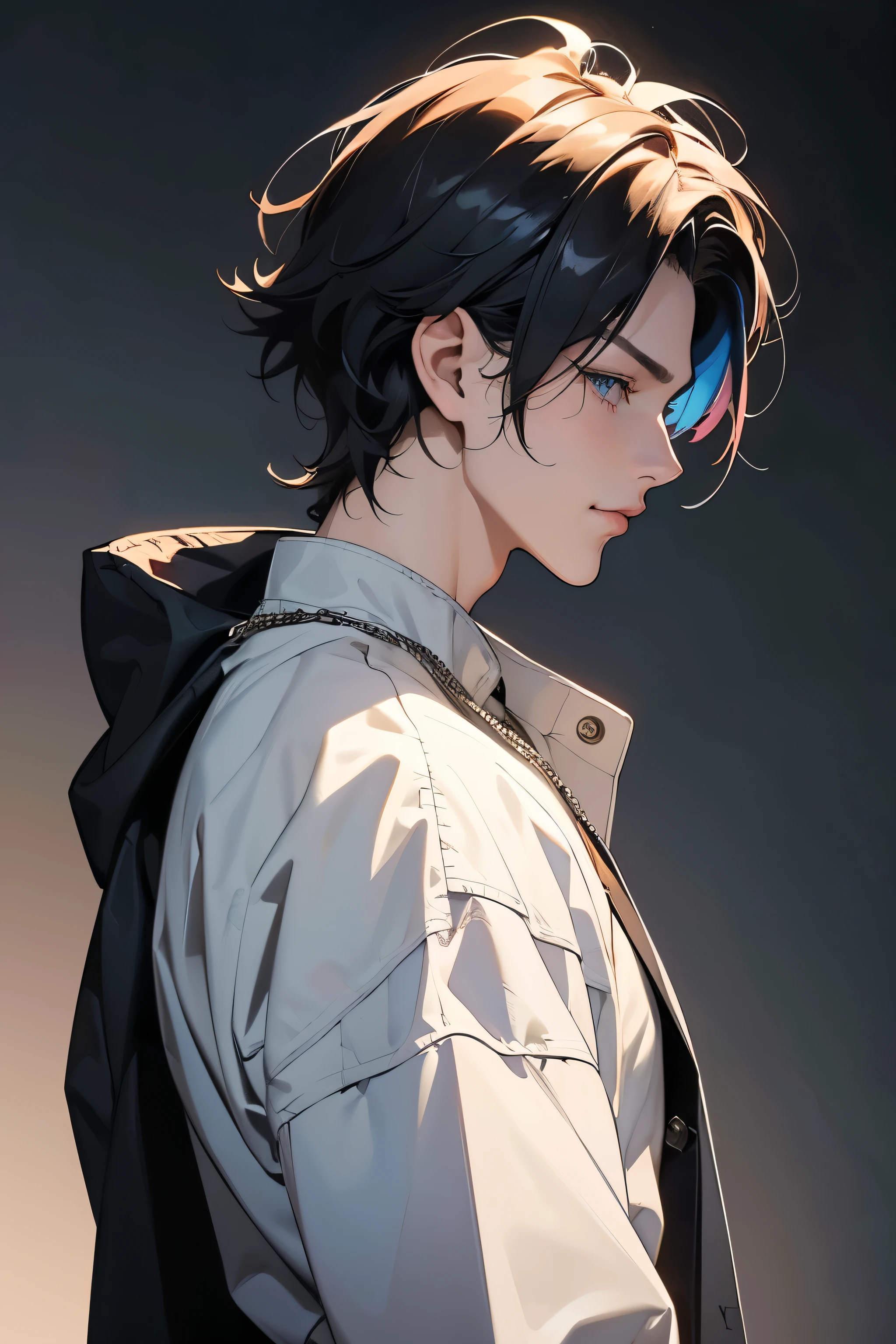 anime guy, 1guy, main character, aesthetic, Album Cover, (Highly-Detailed-Eyes) Side Profile, Looking to the side, edgy, multicolored hair, 2 toned hair, gradient hair, rings, necklace, bracelets, coat, baggy pants, tall, mature, older, short hair, (masterpiece), (Best Quality:1.1),(Ultra-detailed),Best Illustration,finely , detail, ,Clear,4K, raytracing, clear, realistic, streaks across the background, graffiti, evil smirk, beautiful eyes,  