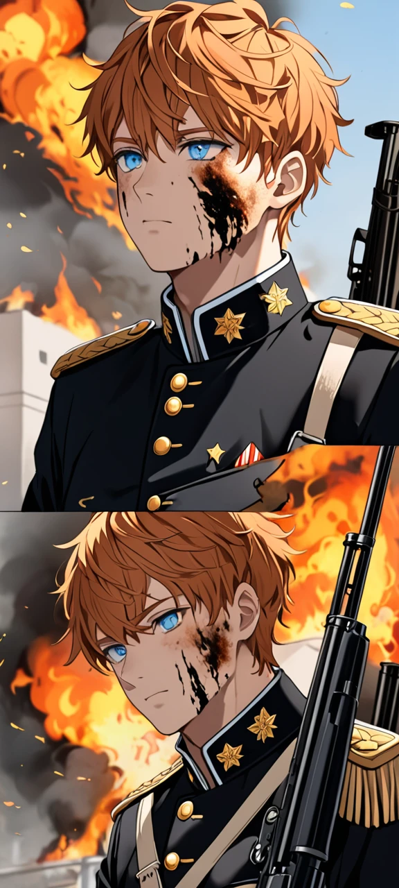 Boy, short light ginger untidy hair , light blue eyes, without pupils , Burn on the face and neck , The military uniform is black , The rifle