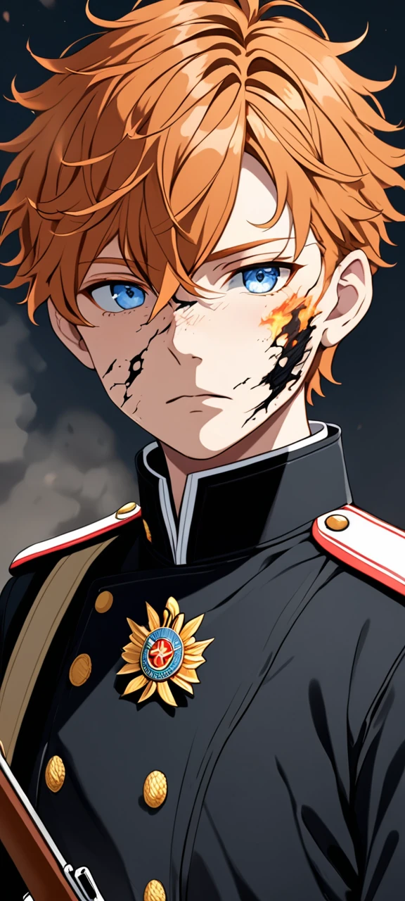 Boy, short light ginger untidy hair , light blue eyes, without pupils , Burn on the face and neck , The military uniform is black , The rifle