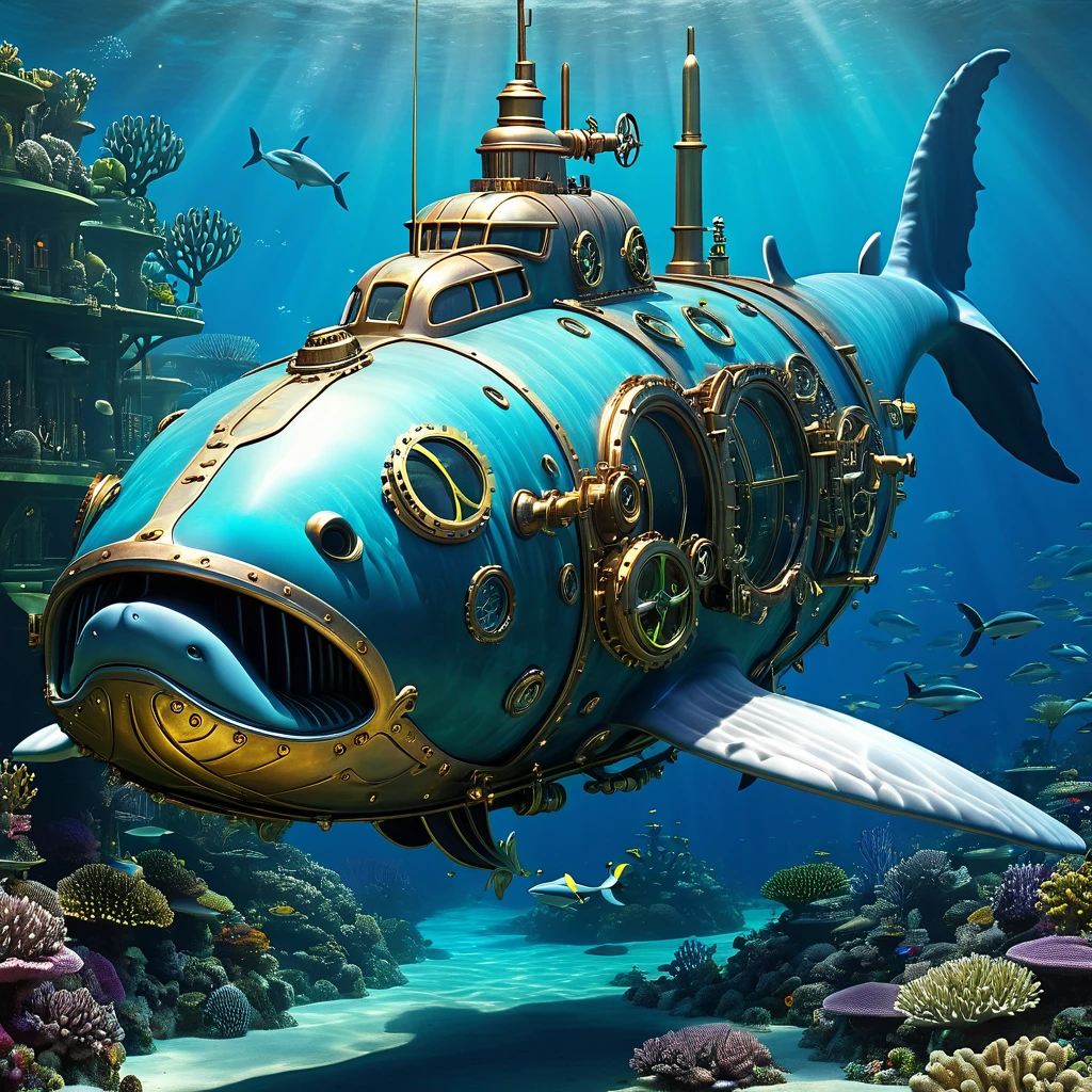 underwater reef, whale shaped steampunk submarine