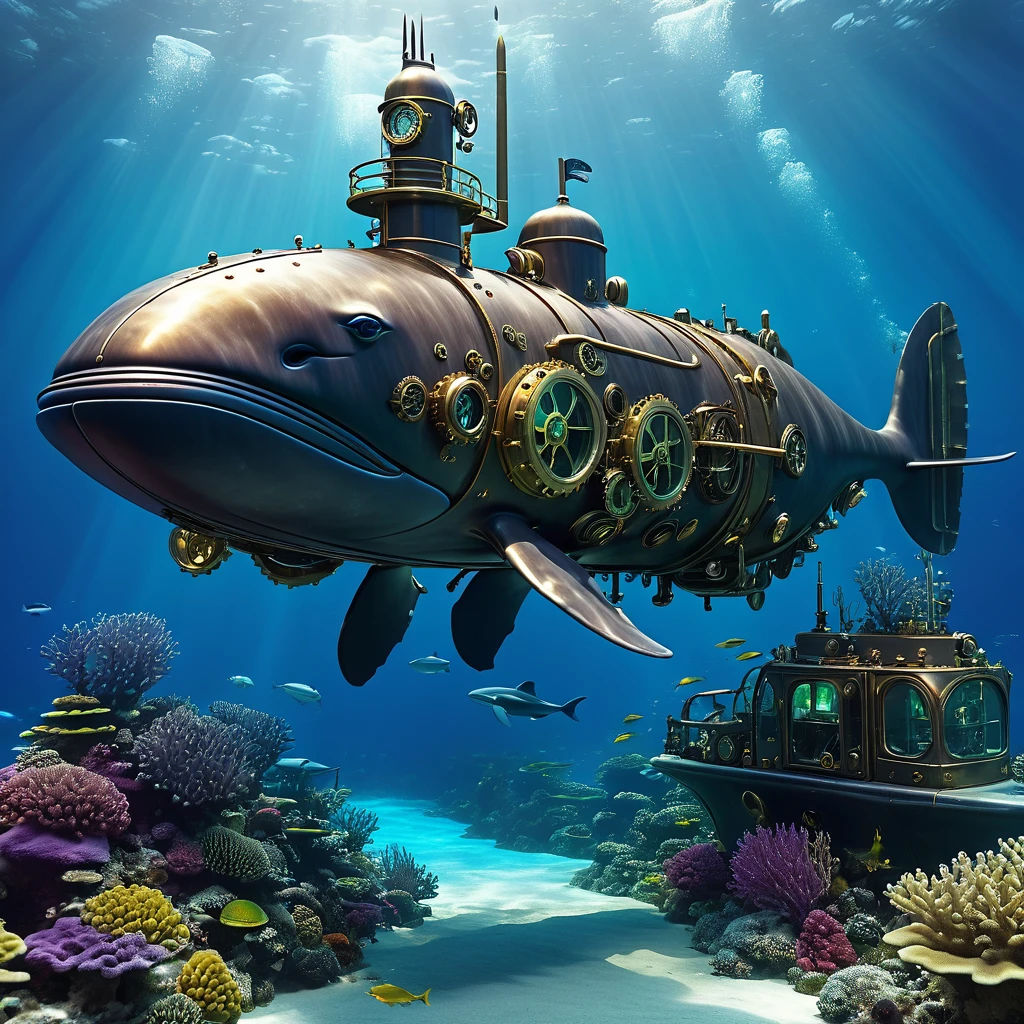 underwater reef, whale shaped steampunk submarine