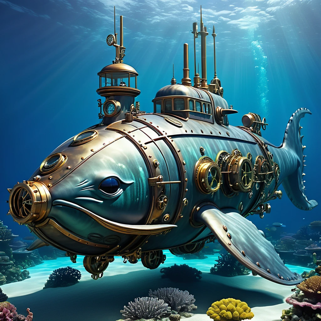 underwater reef, whale shaped steampunk submarine