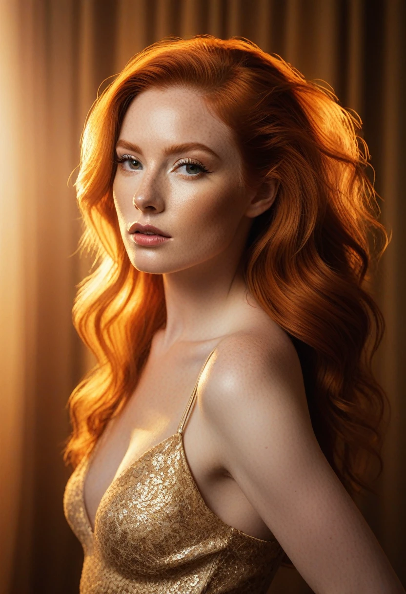 A stunning ginger-haired woman posing elegantly against a warm, golden-lit backdrop, reminiscent of Tyler Shields' edgy aesthetic. Soft, diffused light accentuates her porcelain skin and fiery locks, which cascade down her back like a river of sunset hues. Her alluring gaze meets the camera's lens, exuding confidence and sensuality. Shot on Fujifilm XT3, the image is rendered in crisp, high-contrast glory.