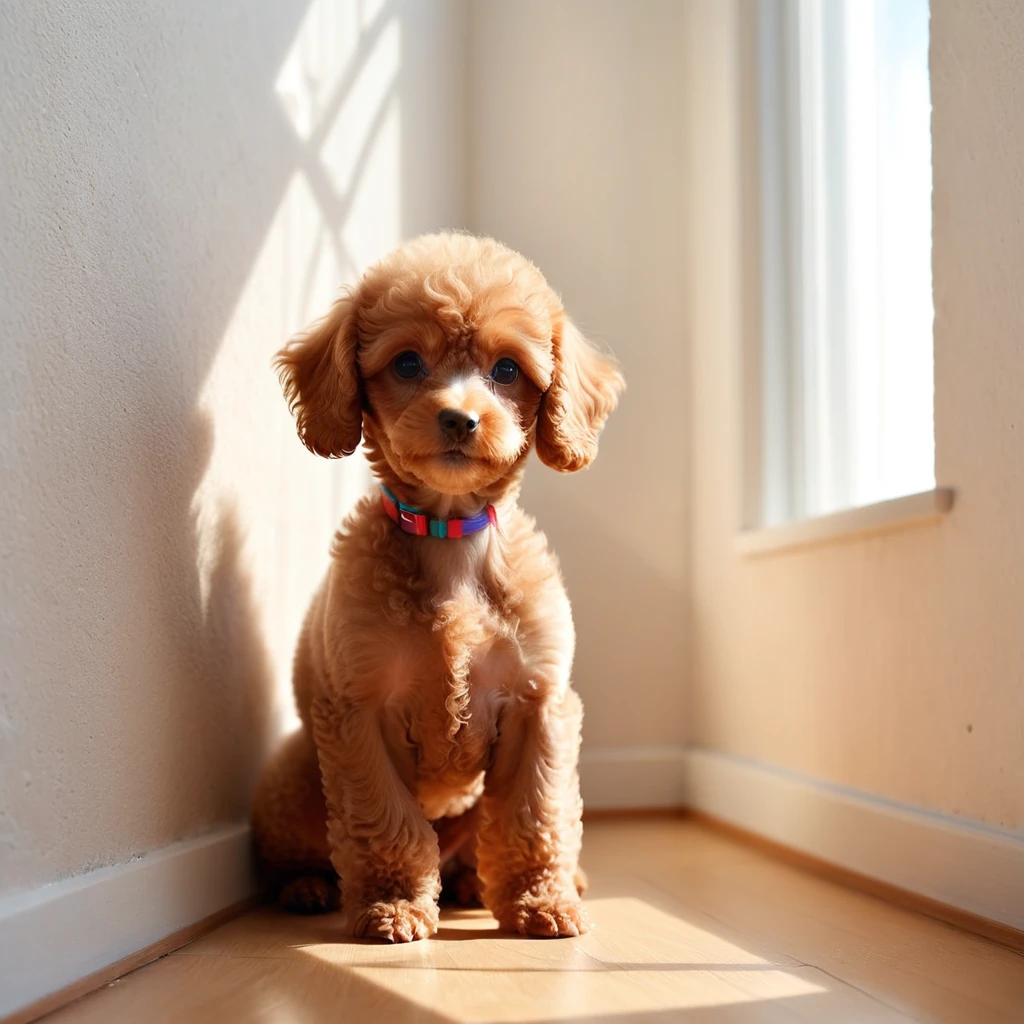 Small toy poodle puppy playing indoors, Back view,noon, summer, Volumetric Light,Looking at the corner of the wall,