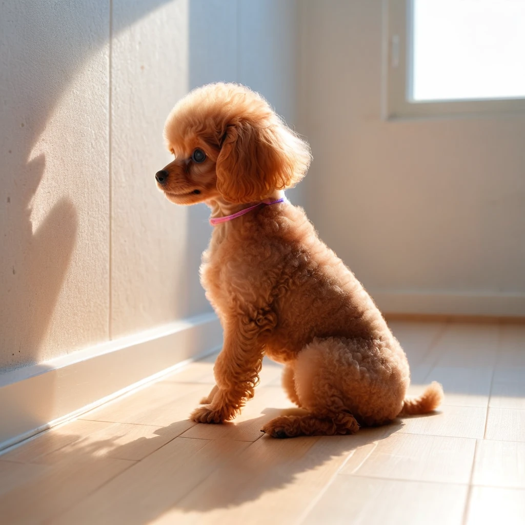 Small toy poodle puppy playing indoors, Back view,noon, summer, Volumetric Light,Looking at the corner of the wall,