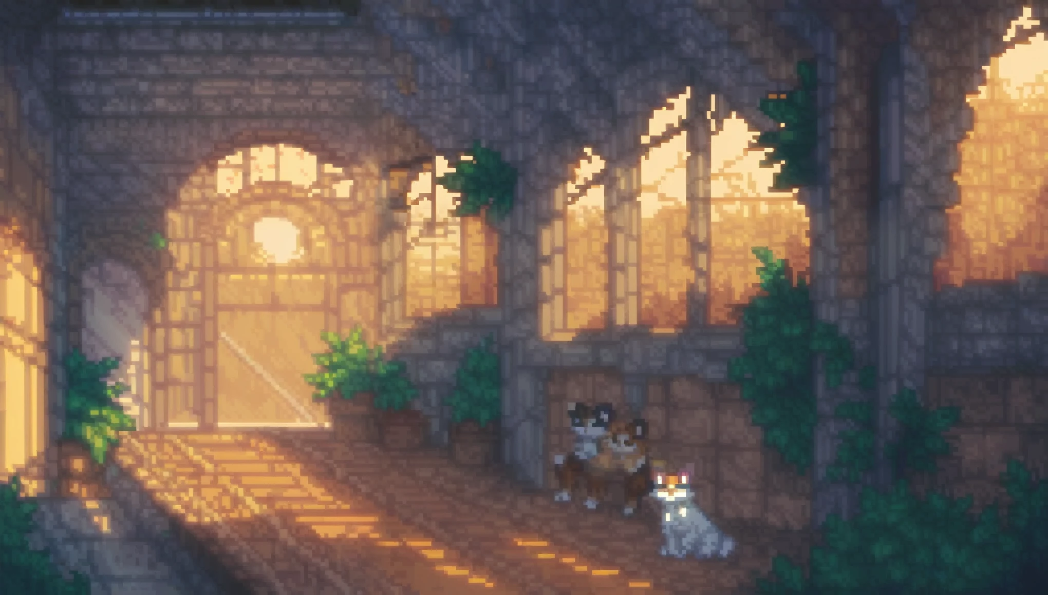 score_9, score_8_up, score_7_up, Pixel art, A boy sitting in an abandoned train station, plants, cats, sunny, diagonal lights, ruins
