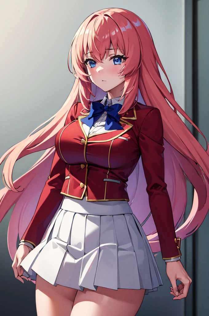 (masterpiece, best quality:1.5), (ultra detailed:1.4), (super fine illustration:1.1), perfect anatomy, 8k portrait, official art, anime screencap,
1girl,
Ichinose honami,
Ichinose honami \(youjitsu\),
long hair,
pink hair,
blue eyes,
blue bow,
large breasts,
, red jacket, long sleeves, white skirt, pleated skirt, black calf socks,
looking at viewer,
cowboy shot,
perfect light,