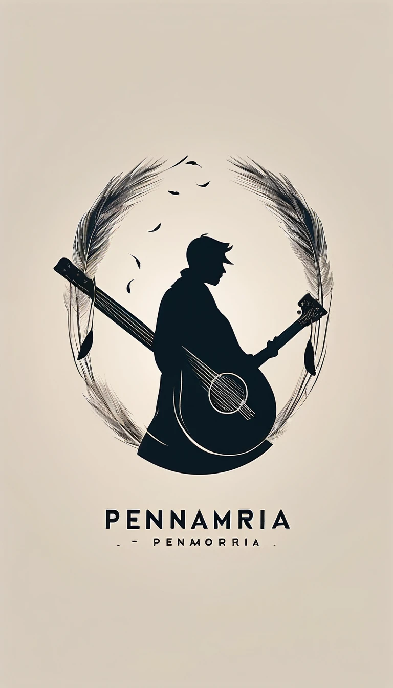 A minimal, modern, simple, cinematic logotype for the brand “Penamemoria". The logotype must be a simple, magical feather and a boy playing acoustic guitar. The logo must convey a sense of music, stories and dreams. Logo design impressed on a book cover. Minimalistic logo